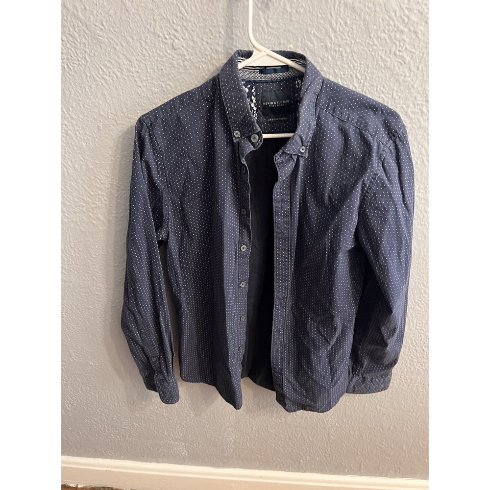 Denim & Flower Mens Long Sleeve Button Up Shirt Blue‎ White Polka Dot Size Small - Picture 2 of 6